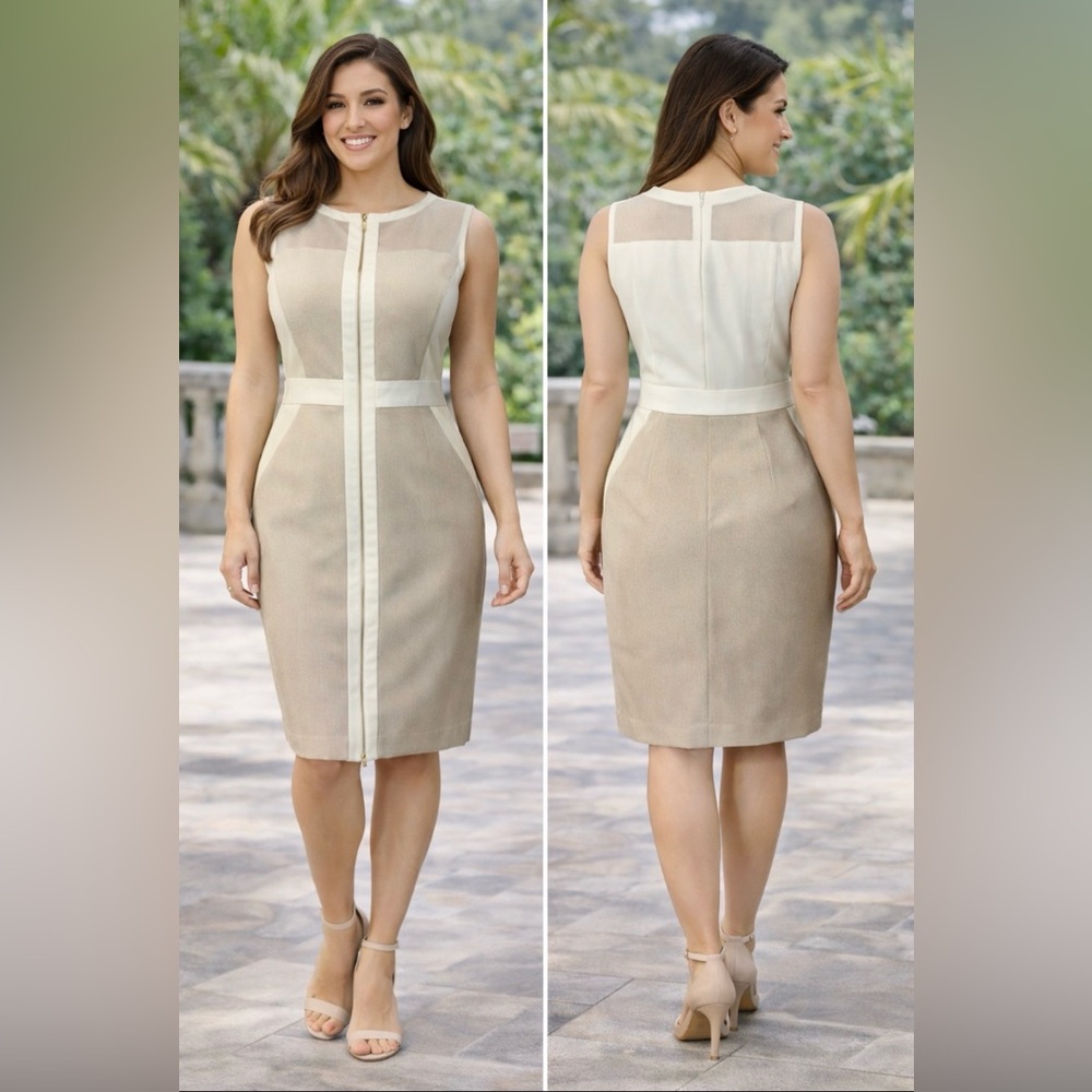 Sandra Darren Dress 12 Stretch Ivory Tan Panel Mesh Career Church Washable NEW